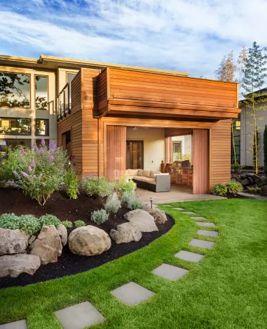 A house with a garden and a patio