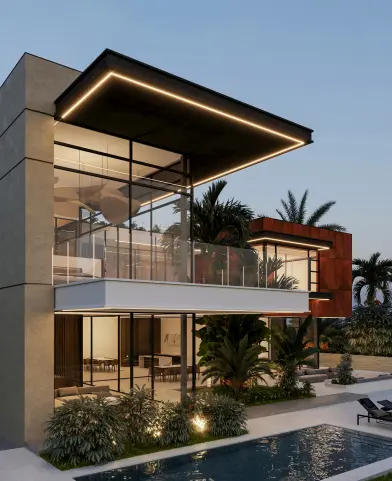 A modern house with a glass balcony and a pool.