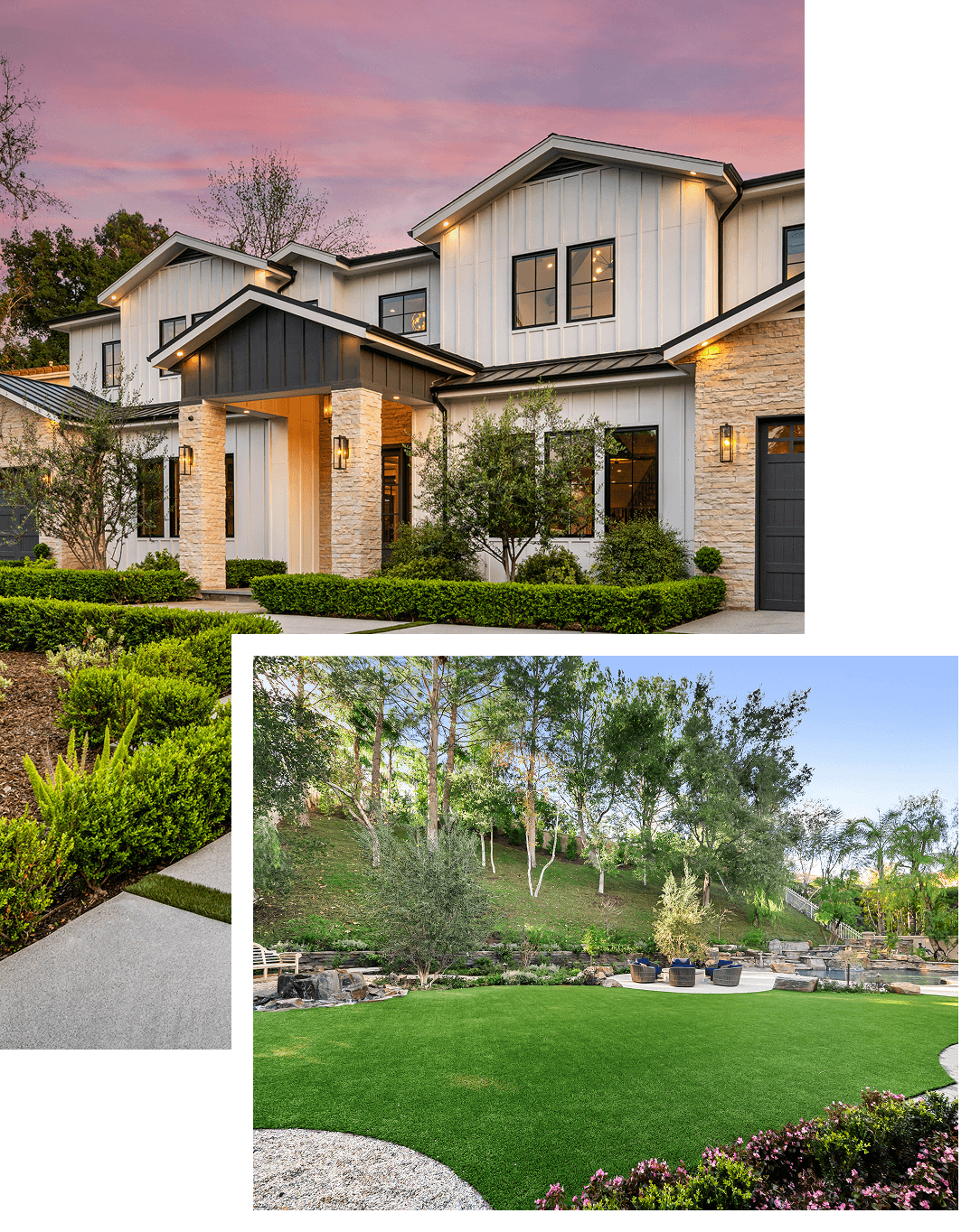 About 1 Modern two-story house with large windows crafted by experienced general contractors, boasting a manicured front yard at sunset. Inset image shows a lush backyard garden featuring a lawn, trees, and bushes during the day.