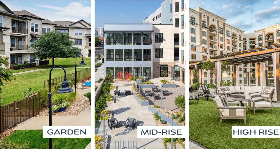 Image20250508140235 Three different pictures of a garden, mid-rise and modern.
